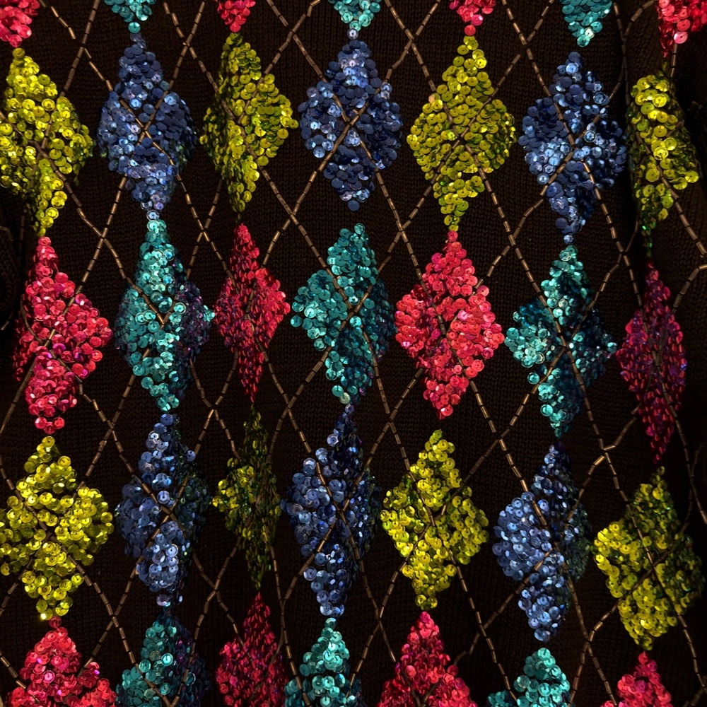 Vintage 80s/90s Sequin Argyle Sweater Maximalist Retro Neon Rave - Picture 4 of 6